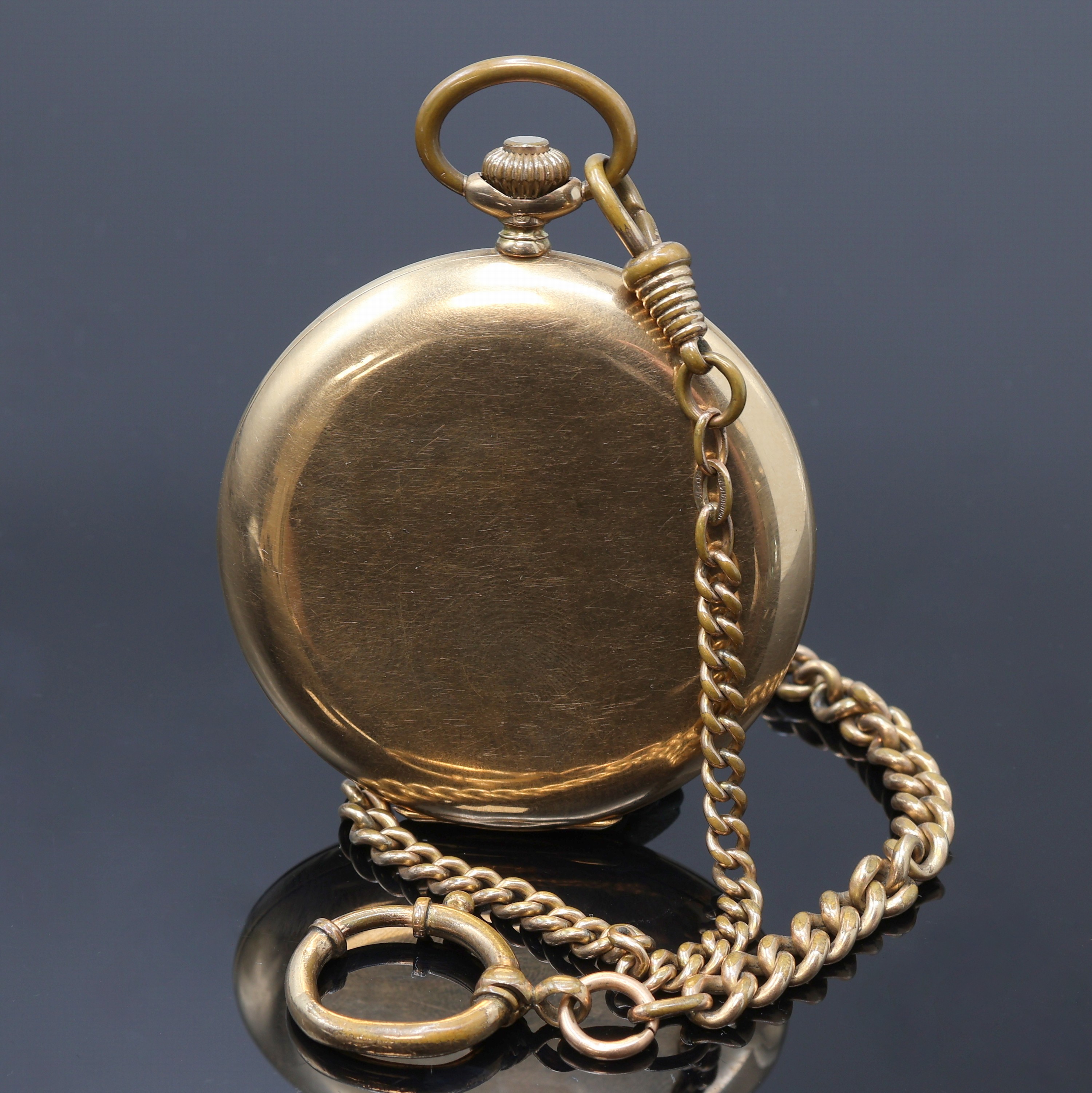 Detail a: W.A. CHRIST Savonette Herrentaschenuhr in GG 585/000 an vergoldeter Kette, Deutschland/Schweiz um 1925, glattes 3-Deckel Goldgeh. dell., ...