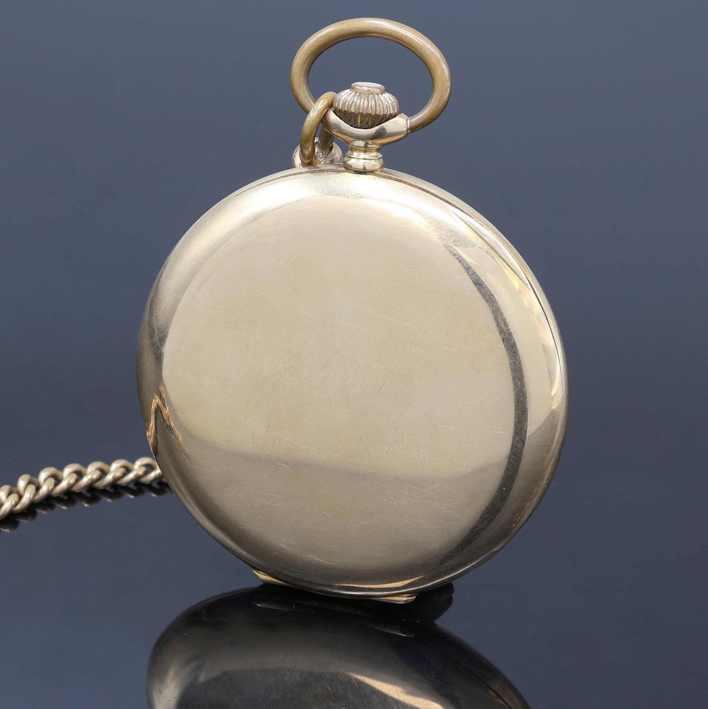 Detail b: W.A. CHRIST Savonette Herrentaschenuhr in GG 585/000 an vergoldeter Kette, Deutschland/Schweiz um 1925, glattes 3-Deckel Goldgeh. dell., ...