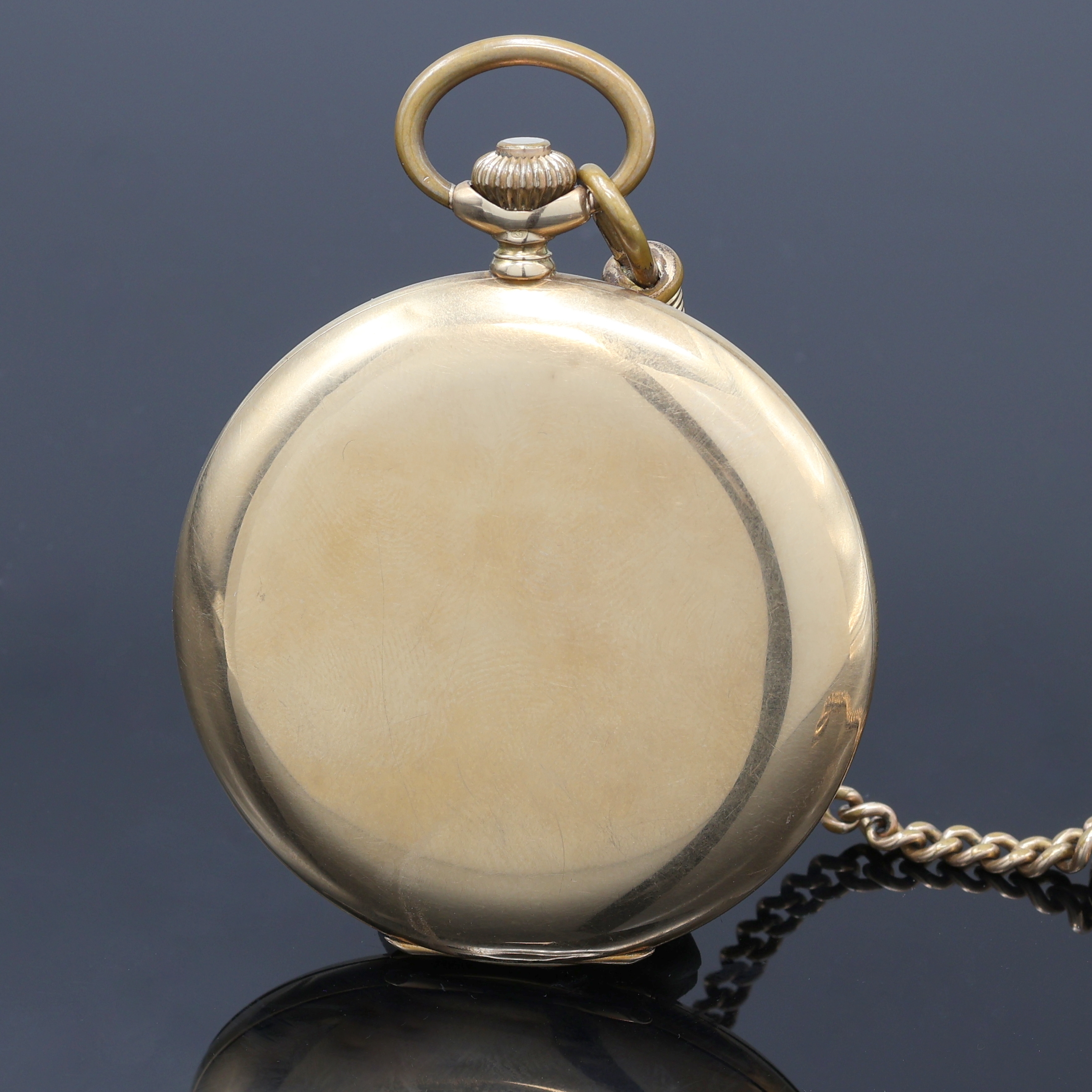 Detail c: W.A. CHRIST Savonette Herrentaschenuhr in GG 585/000 an vergoldeter Kette, Deutschland/Schweiz um 1925, glattes 3-Deckel Goldgeh. dell., ...