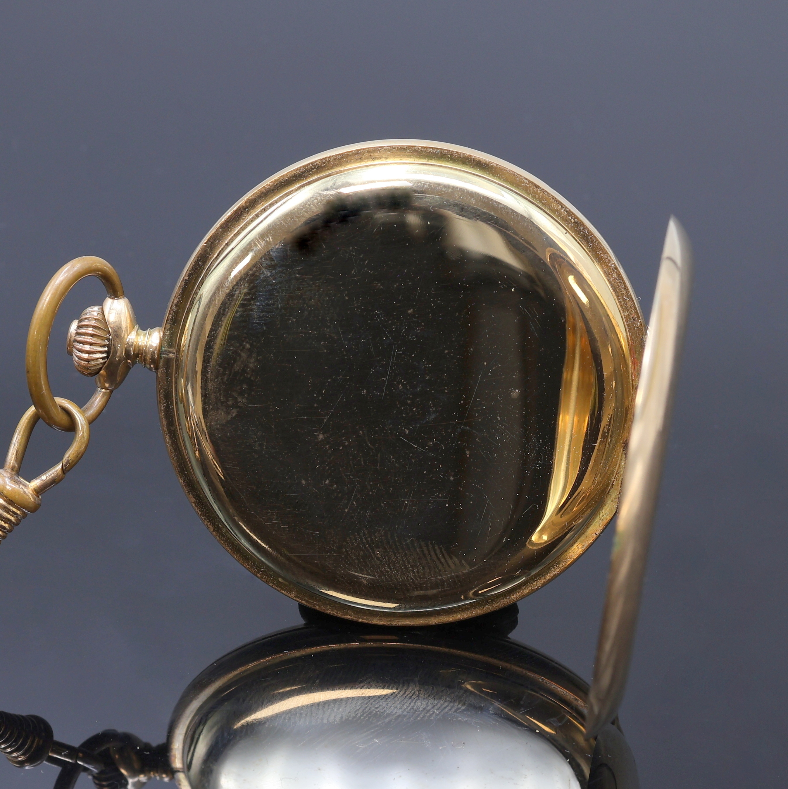 Detail d: W.A. CHRIST Savonette Herrentaschenuhr in GG 585/000 an vergoldeter Kette, Deutschland/Schweiz um 1925, glattes 3-Deckel Goldgeh. dell., ...