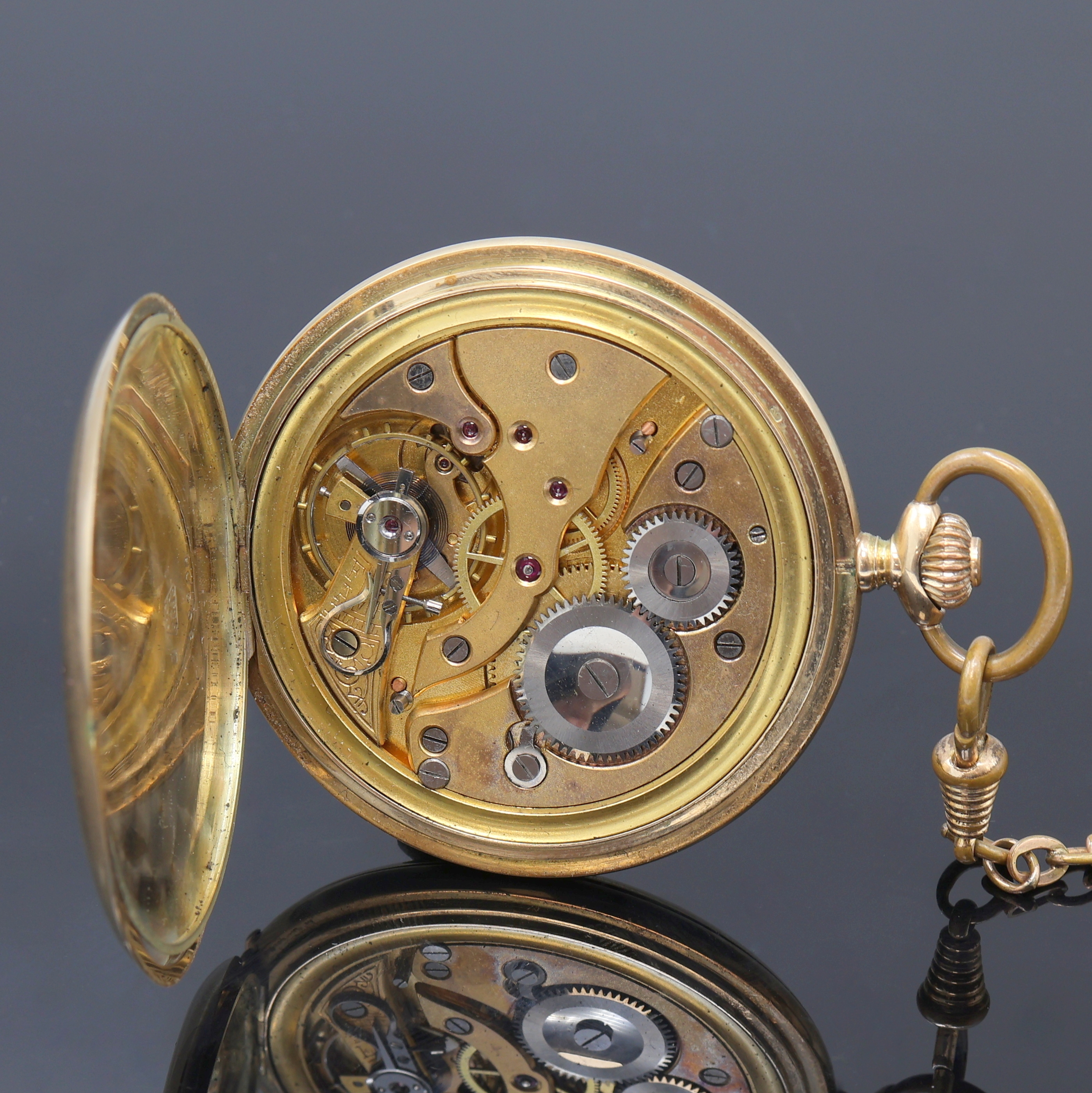 Detail f: W.A. CHRIST Savonette Herrentaschenuhr in GG 585/000 an vergoldeter Kette, Deutschland/Schweiz um 1925, glattes 3-Deckel Goldgeh. dell., ...