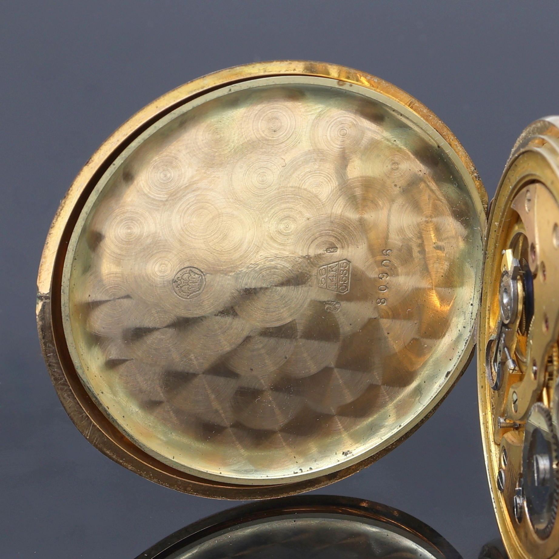 Detail g: W.A. CHRIST Savonette Herrentaschenuhr in GG 585/000 an vergoldeter Kette, Deutschland/Schweiz um 1925, glattes 3-Deckel Goldgeh. dell., ...