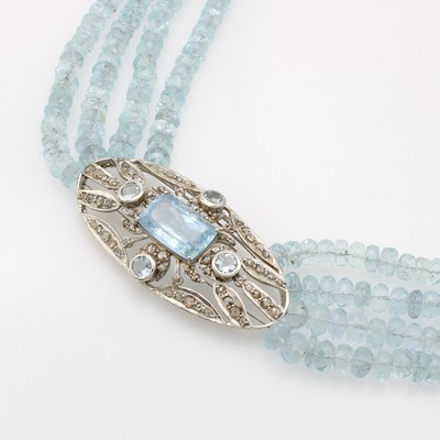 27108429a - 4-reihige Aquamarinkette mit Diamantrosen, 925er Silber, Aquamarinlinsen und -besatz ...
