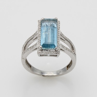 27108446a - Ring mit Aquamarin und Diamanten, 925er Silber, geteilte Ringschultern, achteck. ...
