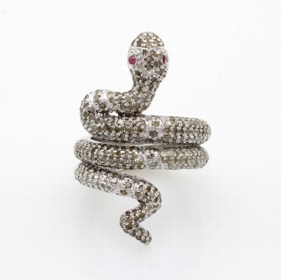 27108456a - Ring ´Schlange´ mit Diamanten und Rubinen, 925er Silber, 2 fac. Rubine als Augen zus. ...