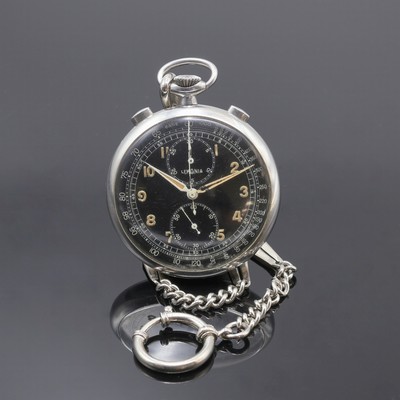 Image LEMANIA offene Taschenuhr mit Schaltradchronograph in Stahl an Kette, Schweiz 1940er ...