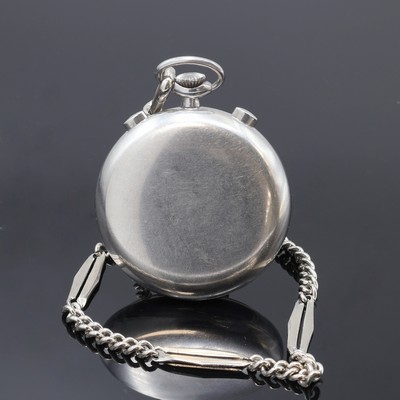 27108477a - LEMANIA offene Taschenuhr mit Schaltradchronograph in Stahl an Kette, Schweiz 1940er ...