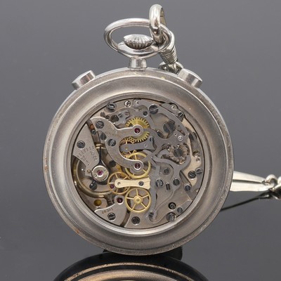 27108477c - LEMANIA offene Taschenuhr mit Schaltradchronograph in Stahl an Kette, Schweiz 1940er ...
