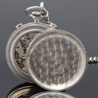 27108477d - LEMANIA offene Taschenuhr mit Schaltradchronograph in Stahl an Kette, Schweiz 1940er ...