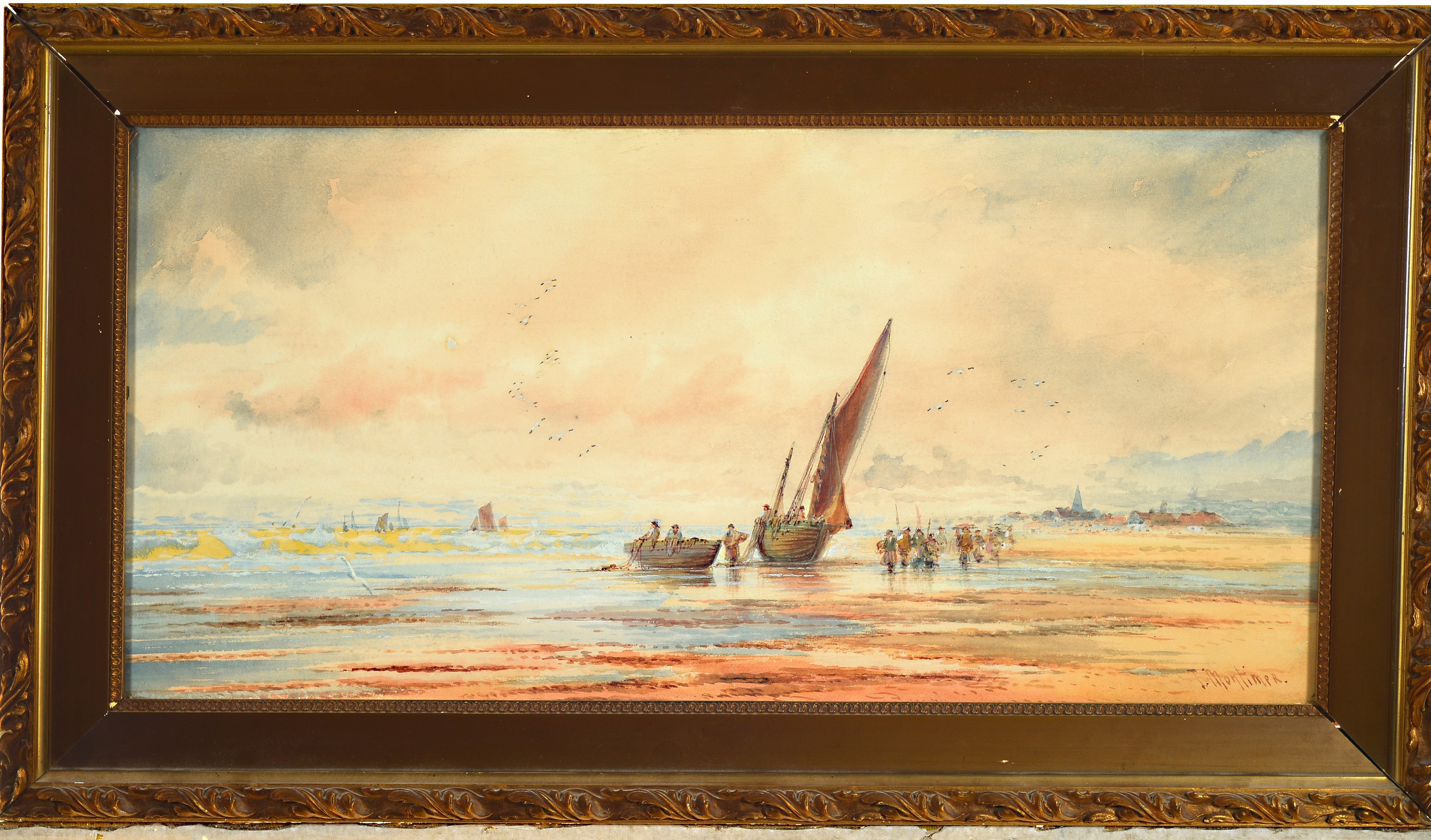 Detail a: Thomas Mortimer, nachweisbar zw. 1880 und 1920, zwei Aquarelle, Küstenlandschaften mit heimkehrenden Fischern, handsigniert, jeweils unter Glas ...