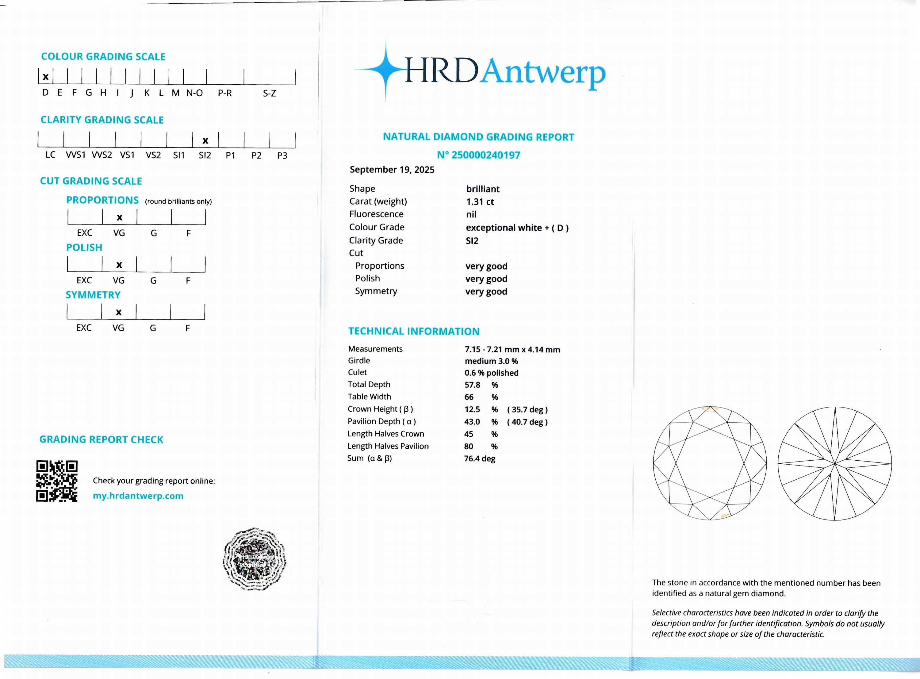 Detail a: Loser Brillant 1.31 ct hochfeines Weiß +(D)/si2, eingeschweißt, HRD-Expertise anbei