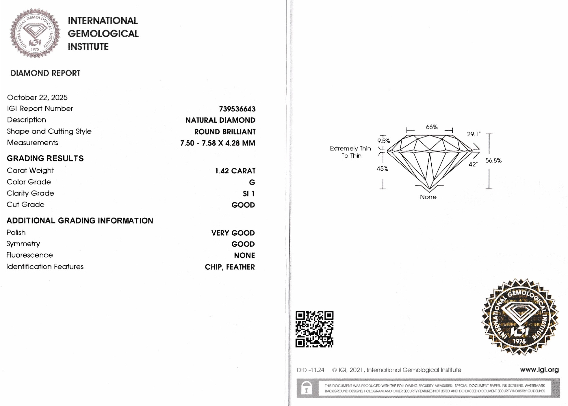 Detail a: Loser Brillant, 1.42 ct feines Weiß(G)/si1, eingeschweißt, IGI-Expertise anbei