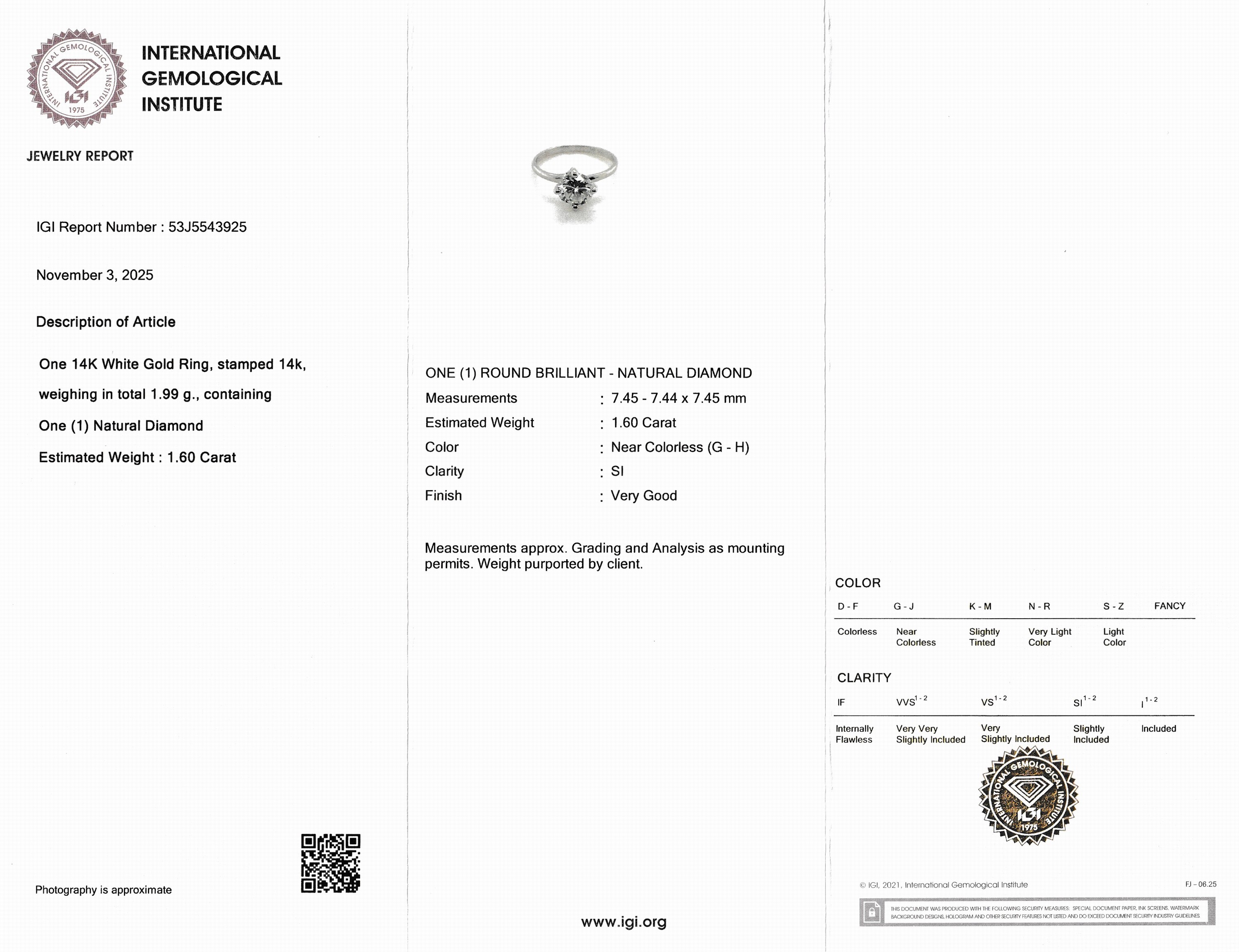 Detail a: 14 kt Gold Brillant-Ring, WG 585/000, Brillant ca. 1.60 ct feines Weiß-Weiß(G- H)/si1, RW 54, ca. 1.9 g, IGI-Expertise anbei