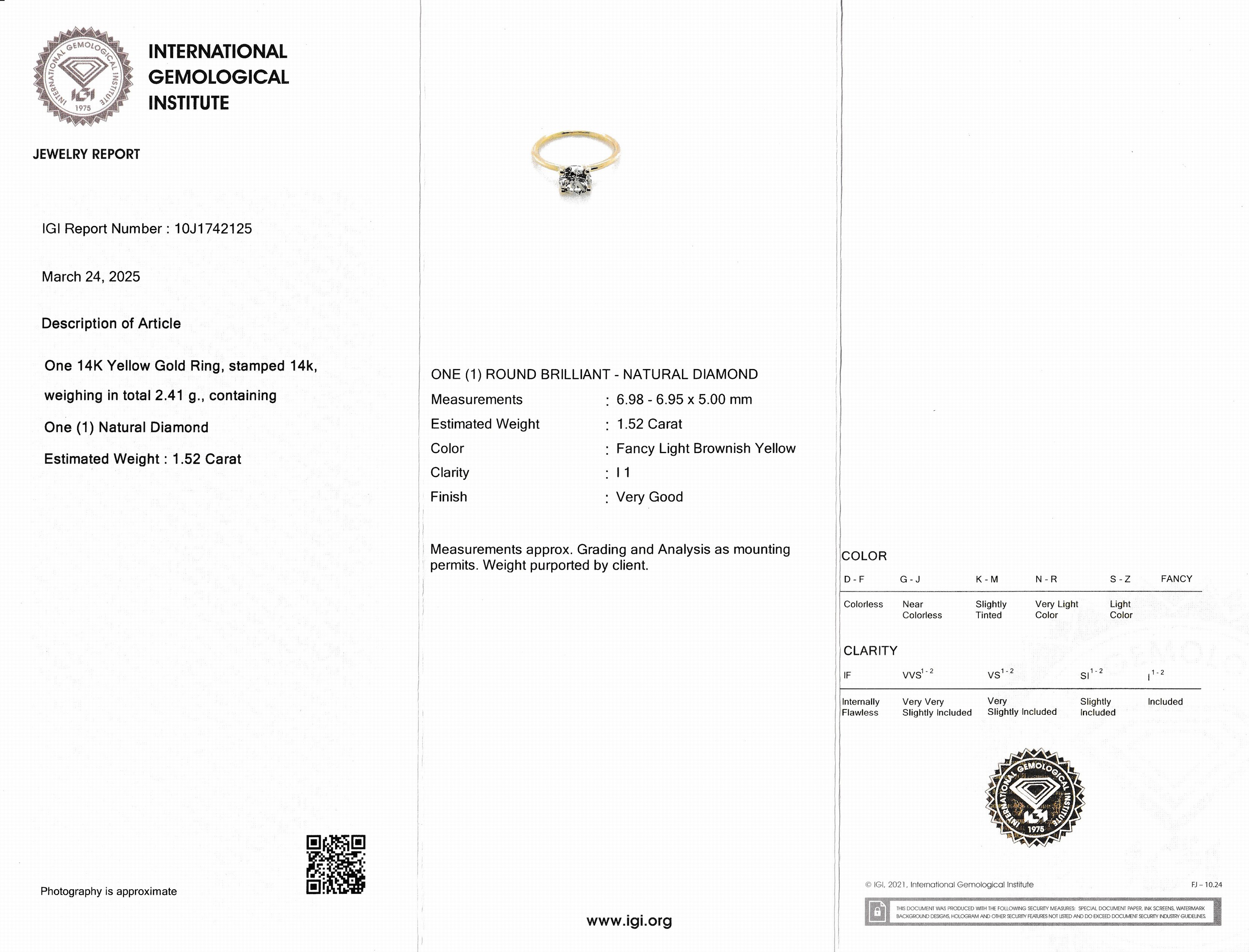 Detail a: 14 kt Gold Brillant-Ring, GG 585/000, Brillant 1.52 ct Fancy Light Brownish Yellow/p1, RW 55.5, ca. 2.4 g, IGI-Expertise anbei