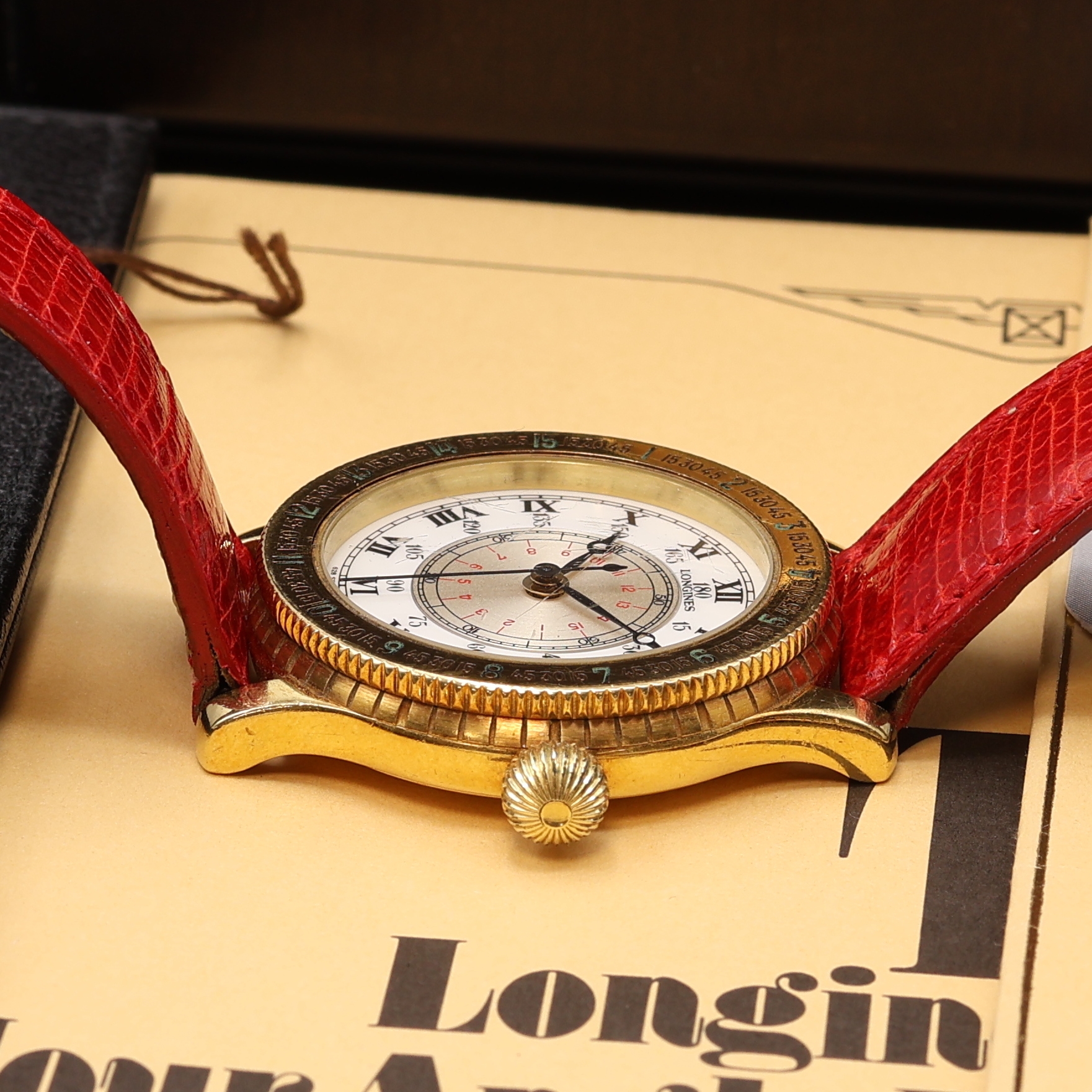 Detail b: LONGINES Stundenwinkeluhr "Hour Angle" nach Charles A. Lindbergh Referenz 5230-628, Schweiz um 1987, Automatik, GG 750/000 Geh., Boden ...