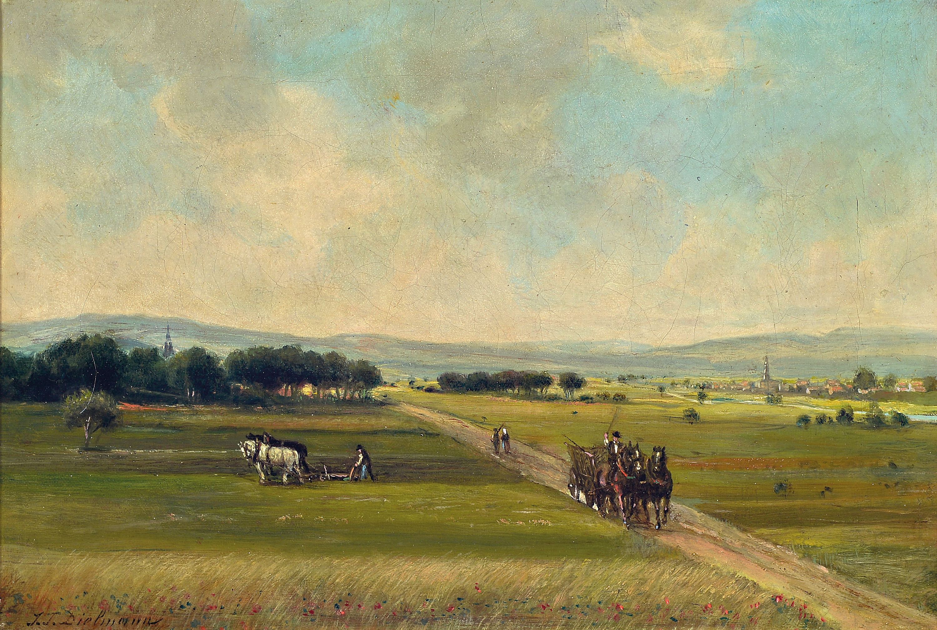 Image 27109263 - Julius Dielmann, 1862-1931 Frankfurt am Main, agricultural landscape with farmer plowing ...