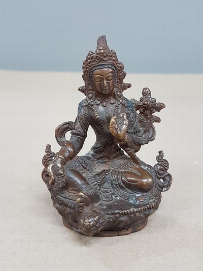 27109206a - Miniaturbuddha, Grüne Tara, Tibet,, wohl um 1900, Bronze, auf Lotusthron sitzend, ...