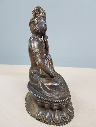 27109224b - Buddha, Tibet, 20th century, bronze, patinated, on a lotus base, one hand supported, ...