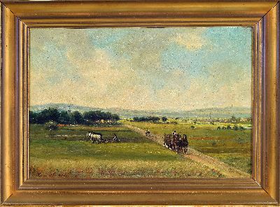 27109263k - Julius Dielmann, 1862-1931 Frankfurt am Main, agricultural landscape with farmer plowing ...