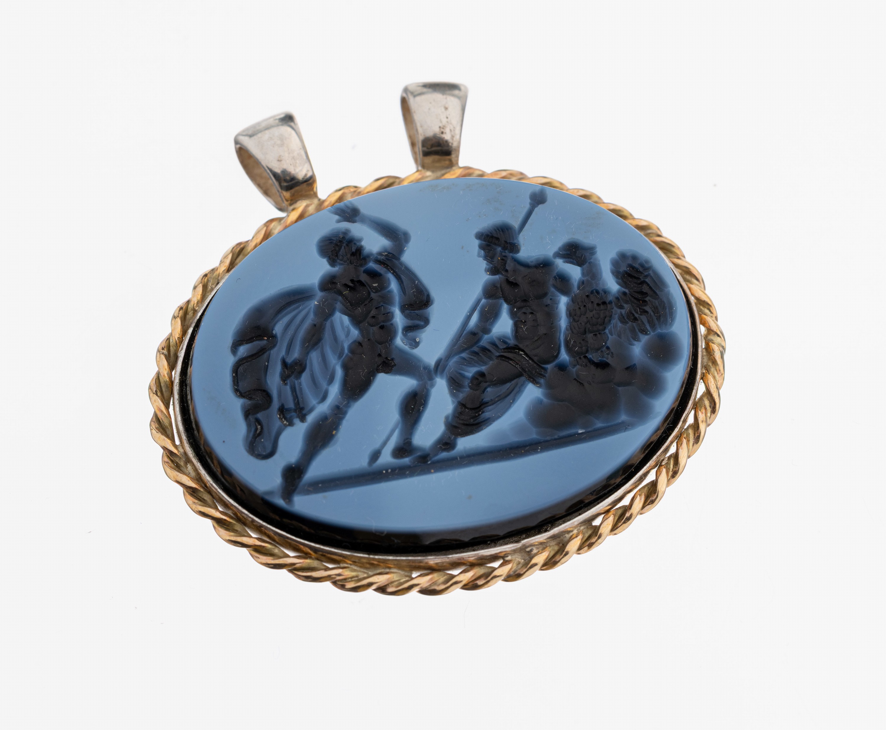 8 kt Gold und Silber Achat-Anhänger, GG 333/000 und Silber, rs. verbödet, Lagenachat, Darstellung Zeus mit Adler, ca. 4.5 x 4.5 cm, Siegelabdruck ...