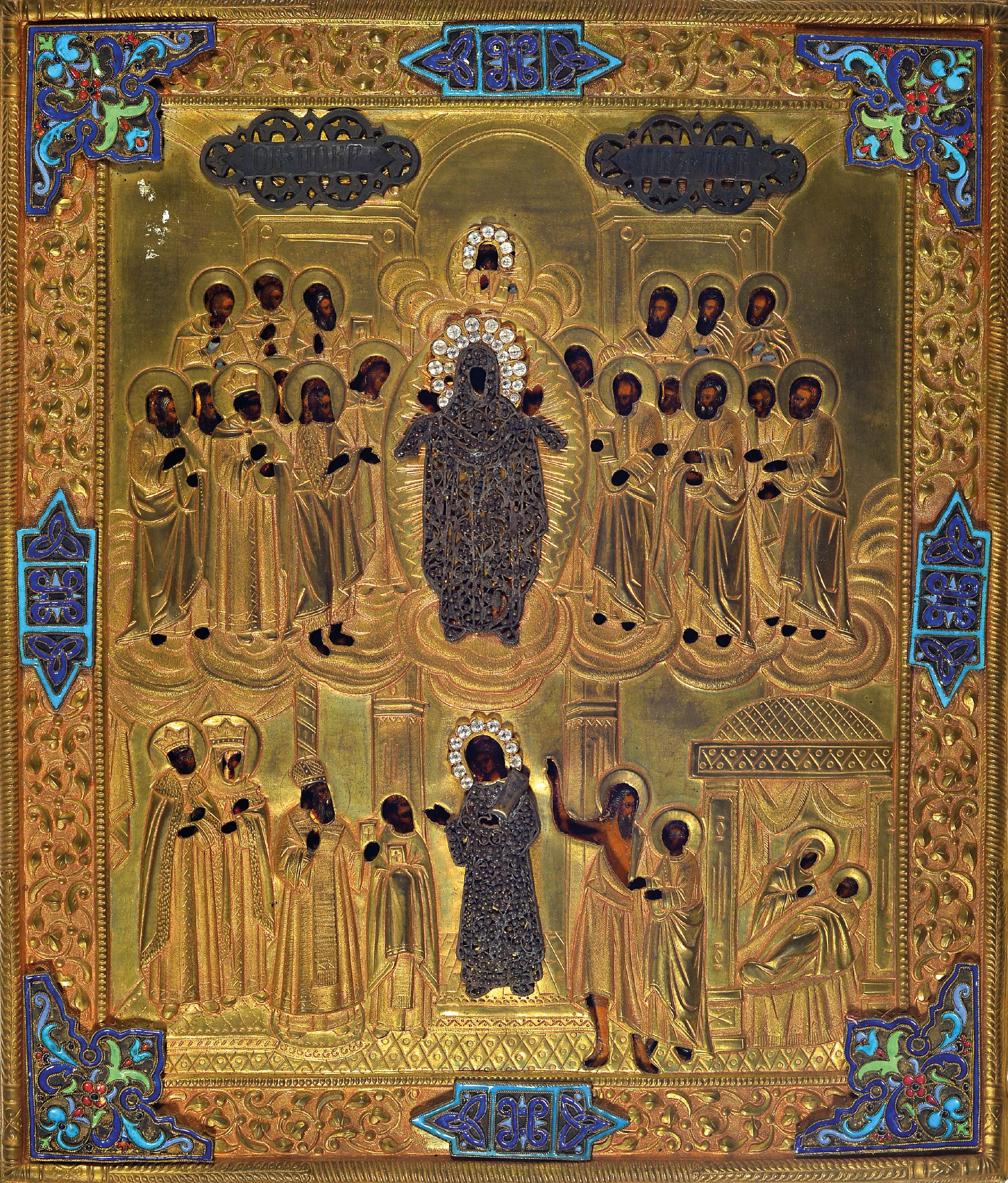 Image 27109537 - Ikone, Russland, um 1900, Tempera auf Holz, reich geprägtes Messingoklad mit ...