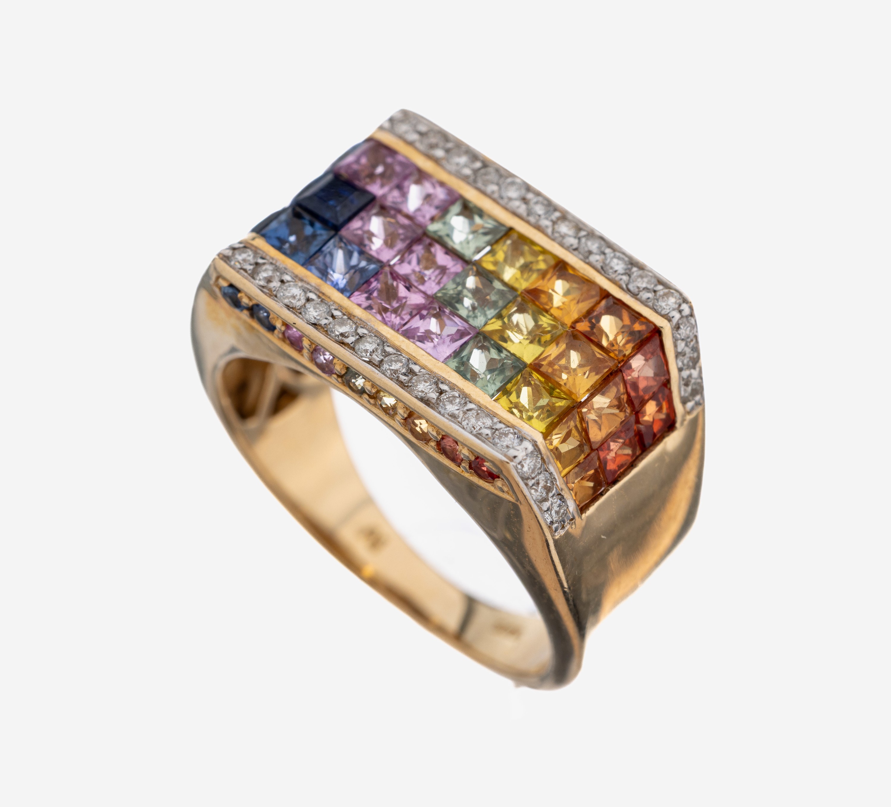 Image 27109592 - 14 kt Gold Saphir-Brillant-Ring, GG 585/000, Saphir-Carrees in versch. Farben zus.ca. ...
