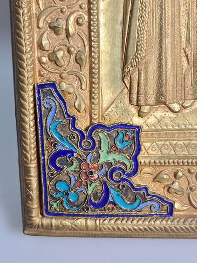 27109537d - Ikone, Russland, um 1900, Tempera auf Holz, reich geprägtes Messingoklad mit ...