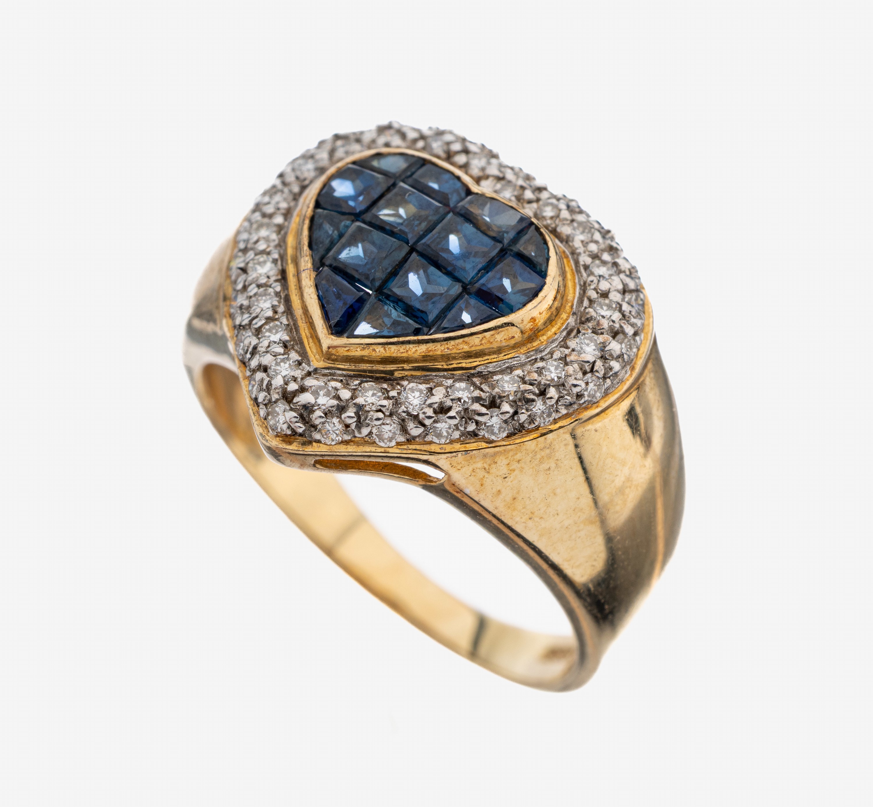 Image 27109600 - 14 kt Gold Saphir-Brillant-Ring, GG 585/000, herzf. Ringkopf, Saphir-Carrees zus. ca. ...
