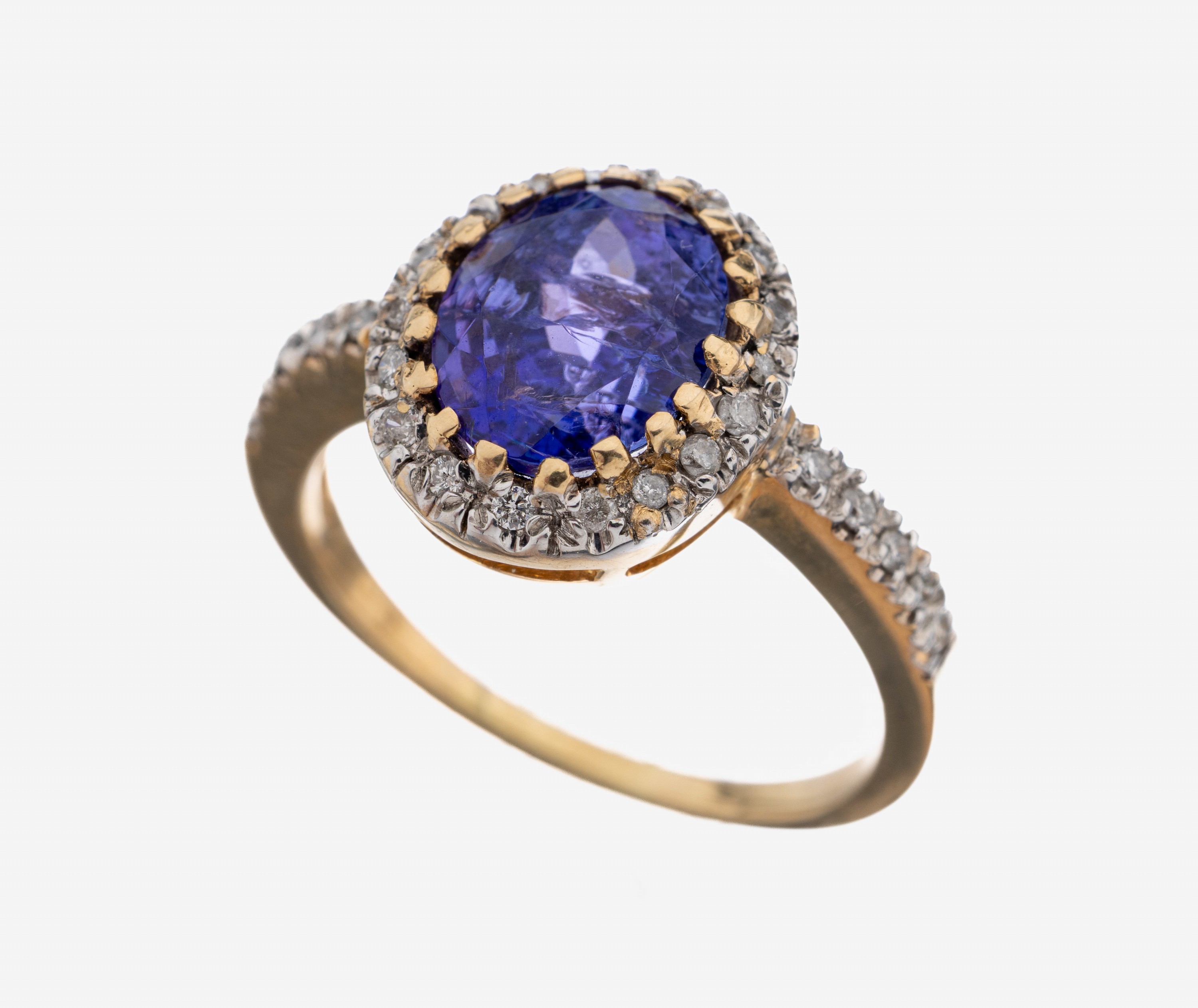 Image 27109608 - 14 kt Gold Tansanit-Brillant-Ring, GG 585/000 gepr., mittig ovalfacett. Tansanit ...