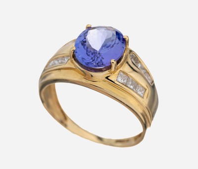 Image 14 kt Gold Tansanit-Diamant-Ring, GG 585/000, erhaben gefasster ovalfacett. Tansanit ...