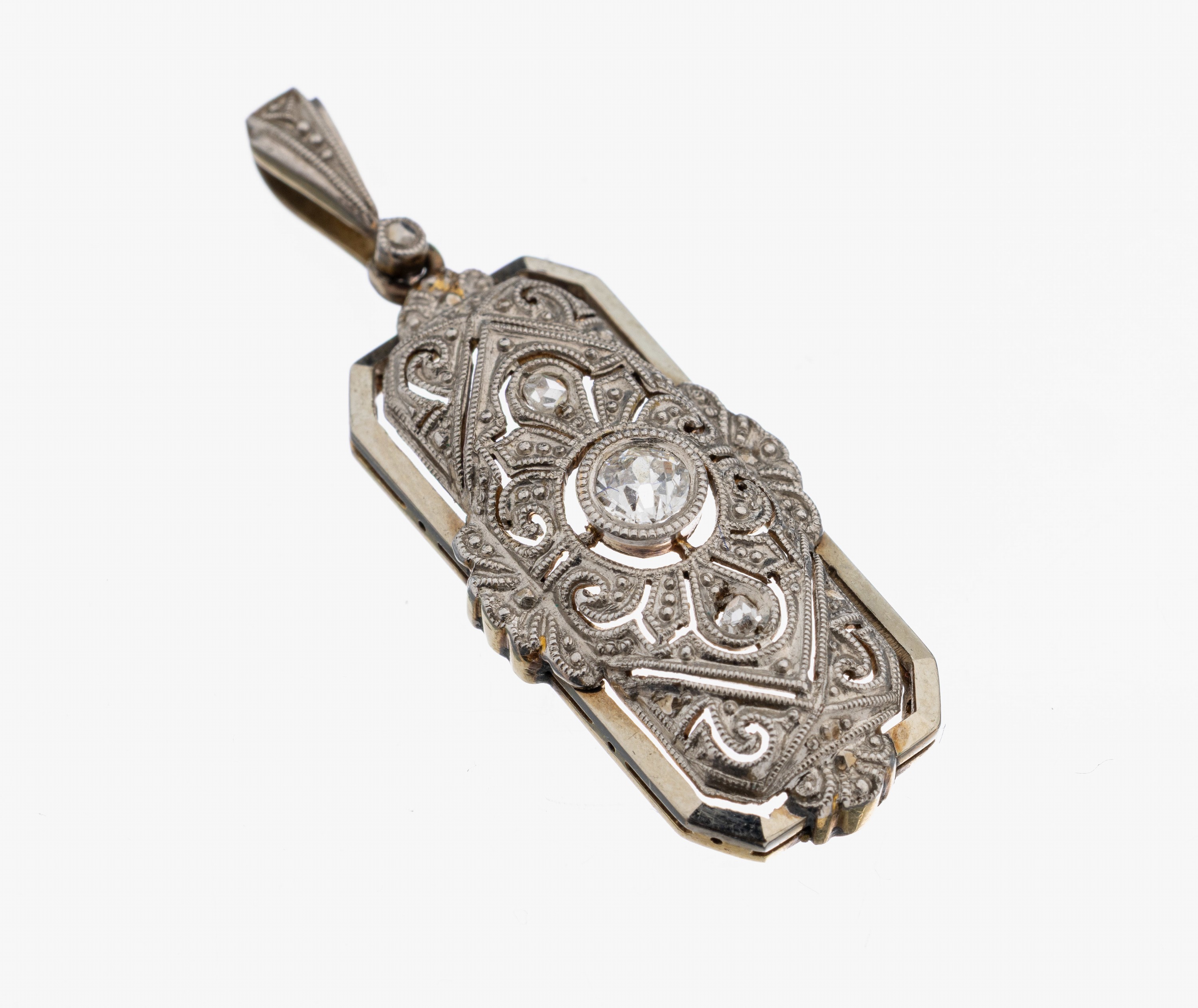 Image 27109719 - 14 kt Gold Art Deco Diamant-Anhänger, um 1920, GG 585/000, schauseitig Platin, ...