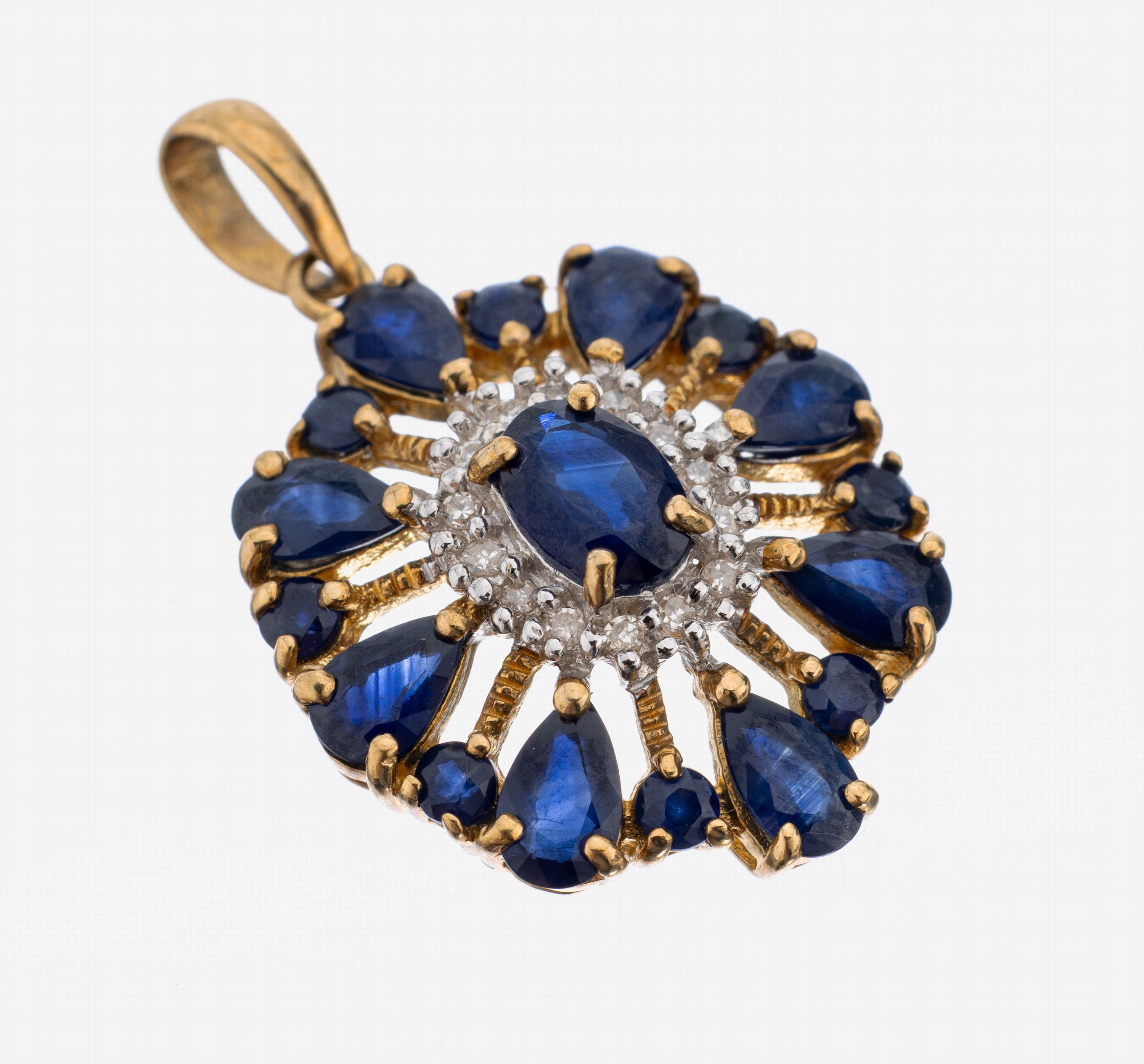 Image 27109754 - 9 kt Gold Saphir-Diamant-Anhänger, GG 375/000, facett. Saphire in versch. Formen zus. ...