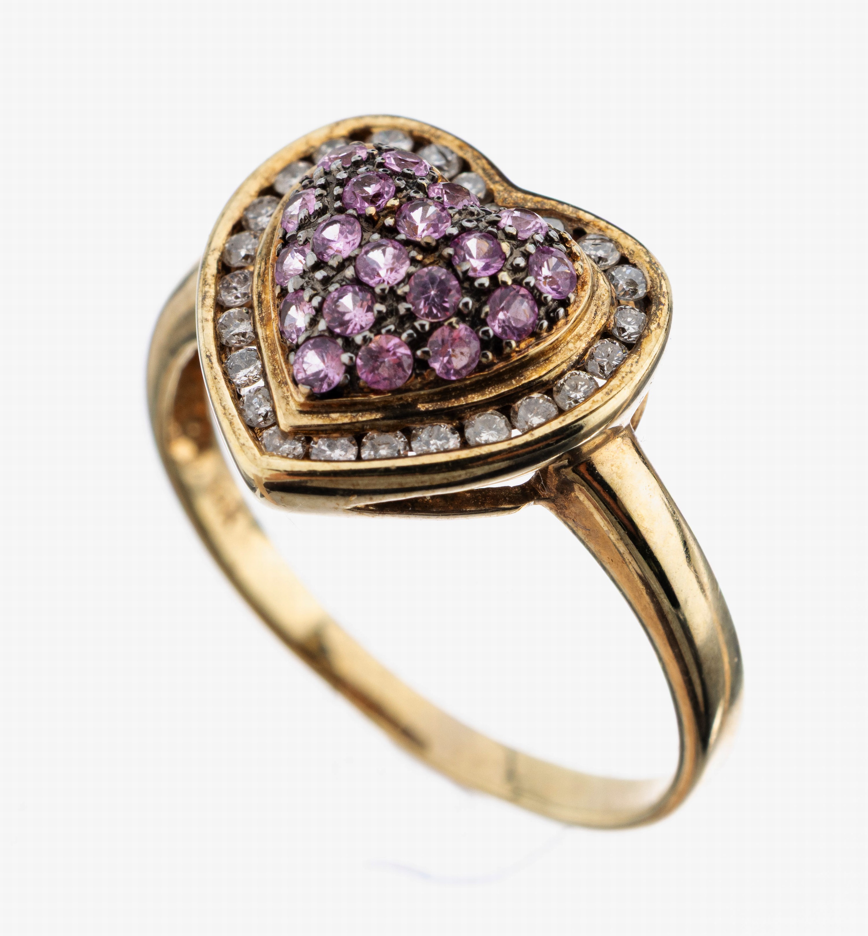 Image 27109769 - 14 kt Gold Saphir-Brillant-Ring, GG 585/000, herzf. Ringkopf, rundfacett. Pinksaphire ...