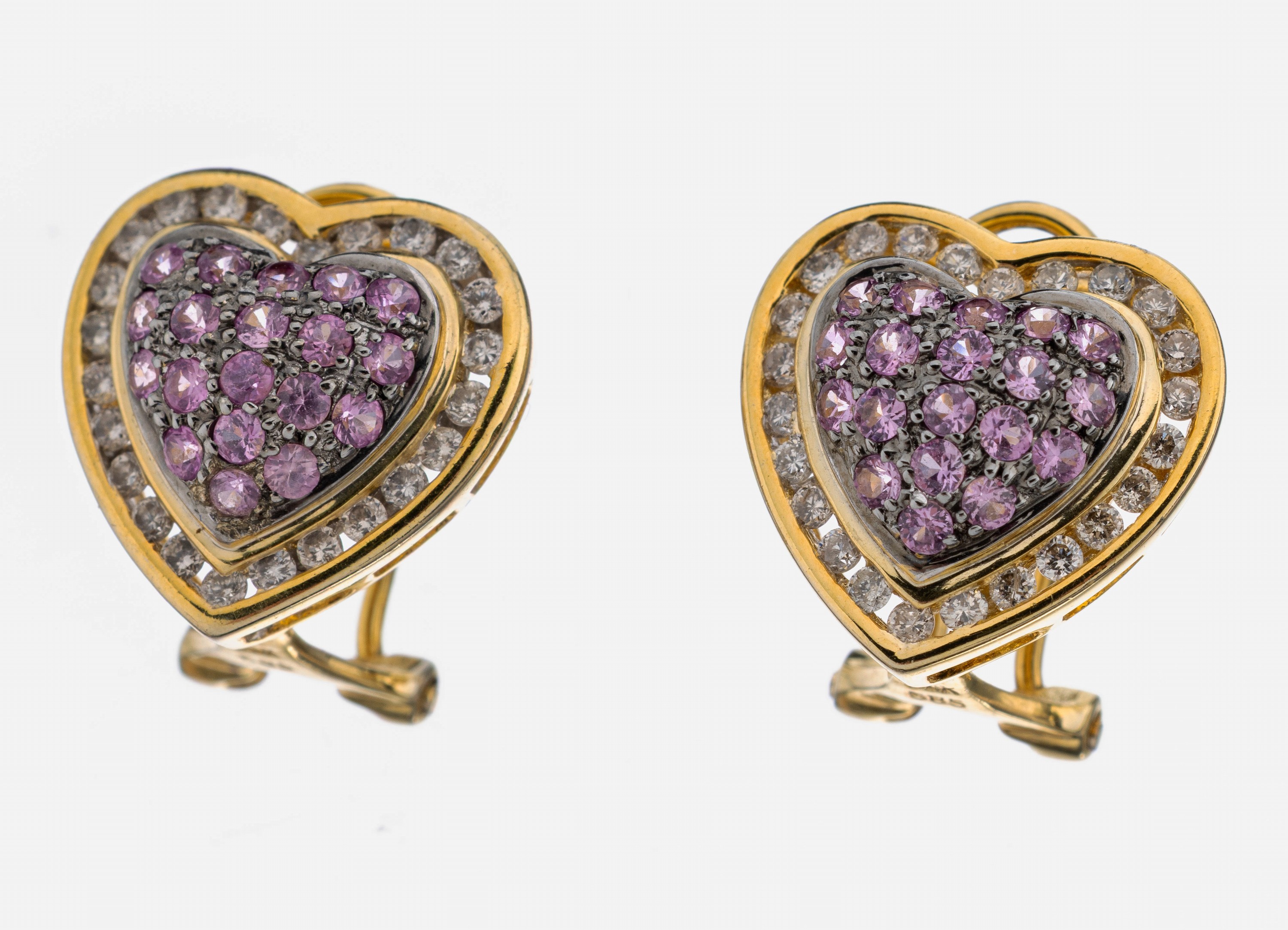 Image 27109781 - Paar 14 kt Gold Saphir-Brillant-Ohrstecker, GG 585/000, herzf., rundfacett. Pinksaphire ...