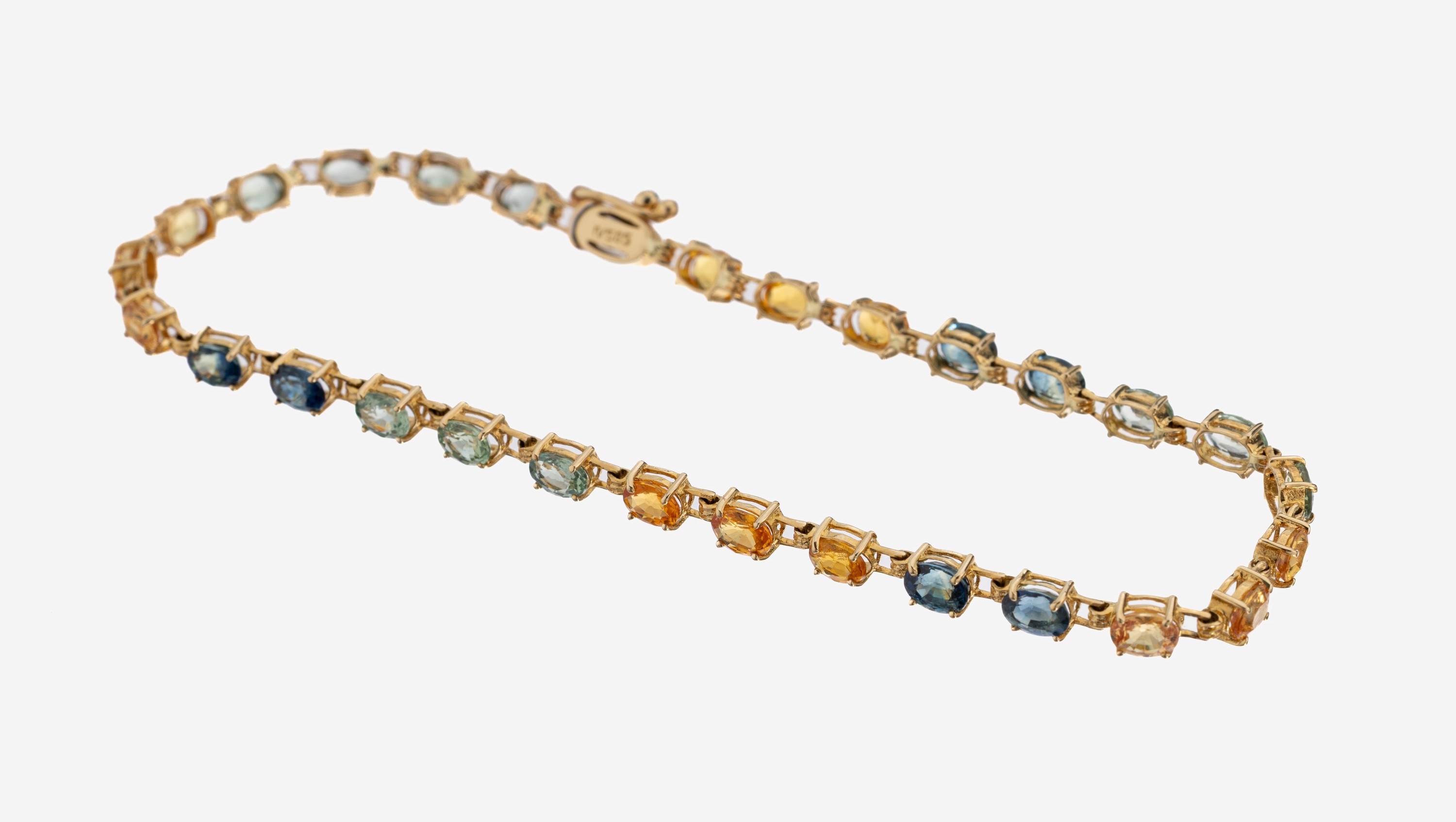 Detail a: 14 kt Gold Saphir-Armband, GG 585/000, ovalfacett. Saphire in Blau, Grün und Gelb zus. ca. 7.5 ct, L. ca. 19 cm, Kastenschloss mit Sicherheitsacht, ...
