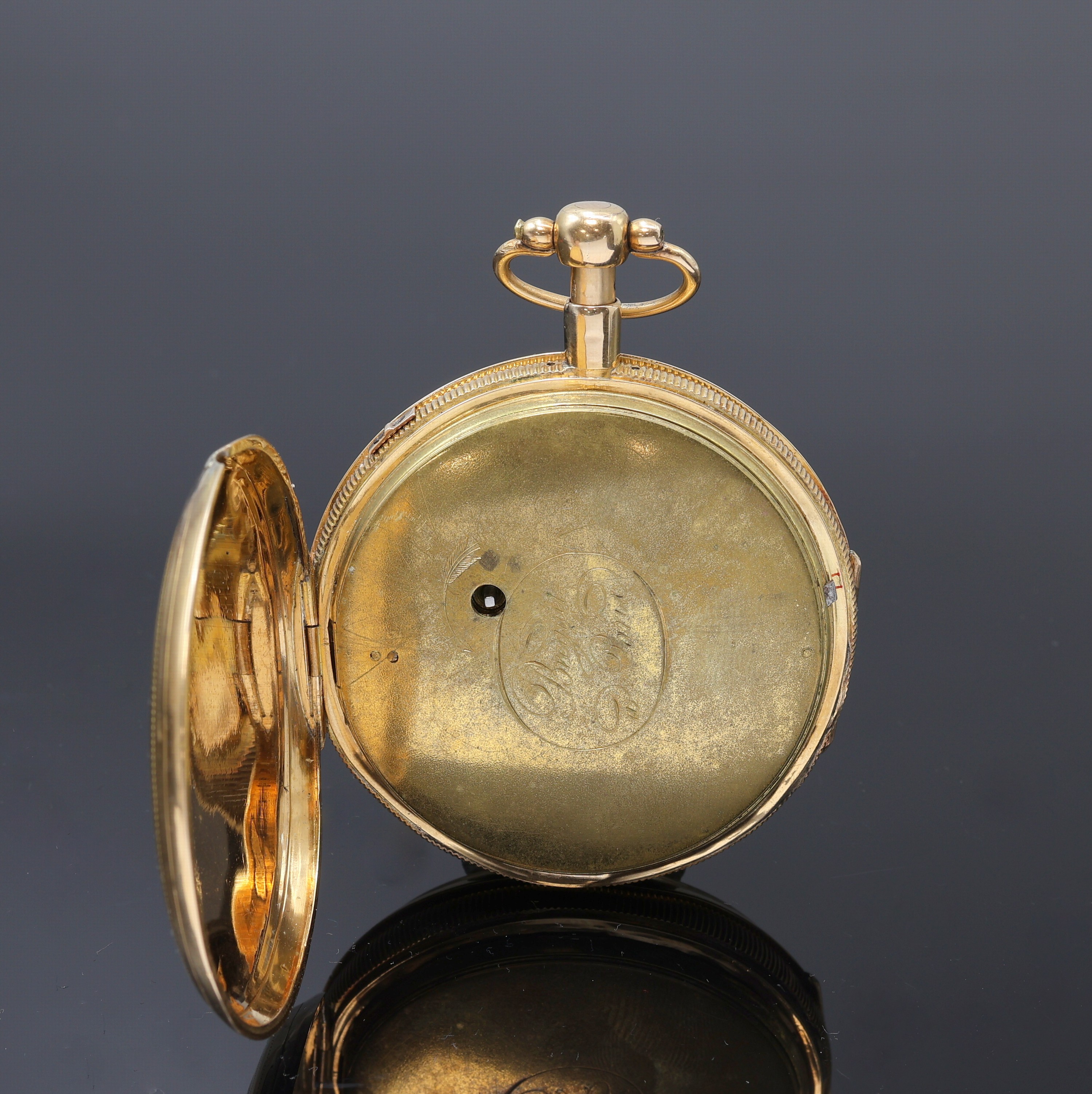 Detail c: BREGUET A PARIS offene Rosegold 750/000 Taschenuhr mit Carillon, Frankreich um 1820, verg. Cuvette bez. Breguet a Paris, Boden guill., verg. ...