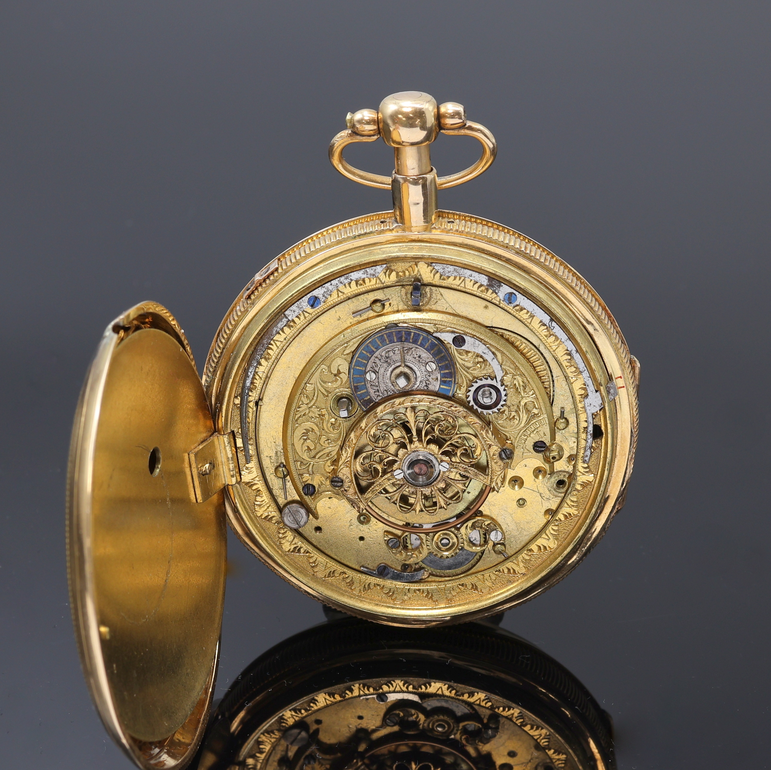 Detail d: BREGUET A PARIS offene Rosegold 750/000 Taschenuhr mit Carillon, Frankreich um 1820, verg. Cuvette bez. Breguet a Paris, Boden guill., verg. ...