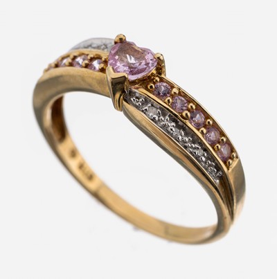 Image 14 kt gold sapphire-diamond-ring , YG 585/000, bevelled pinksapphire-heart and ...