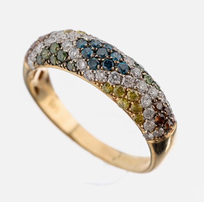 Image 14 kt Gold Brillant-Ring, GG 585/000, Brillanten zus. ca. 1.0 ct Weiß und Gelb, Blau, ...