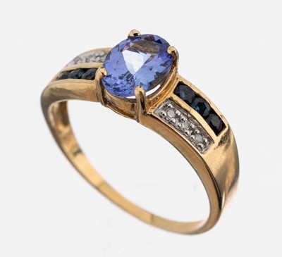 Image 14 kt Gold Tansanit-Saphir-Diamant-Ring, GG585/000, ovalfacett. Tansanit ca. 0.60 ct, 6 ...