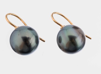 Image Paar 18 kt Gold Perl-Ohrhänger, GG 750/000,Tahitizuchtperlen, D. ca. 13.9 mm, ca. 8.8 g