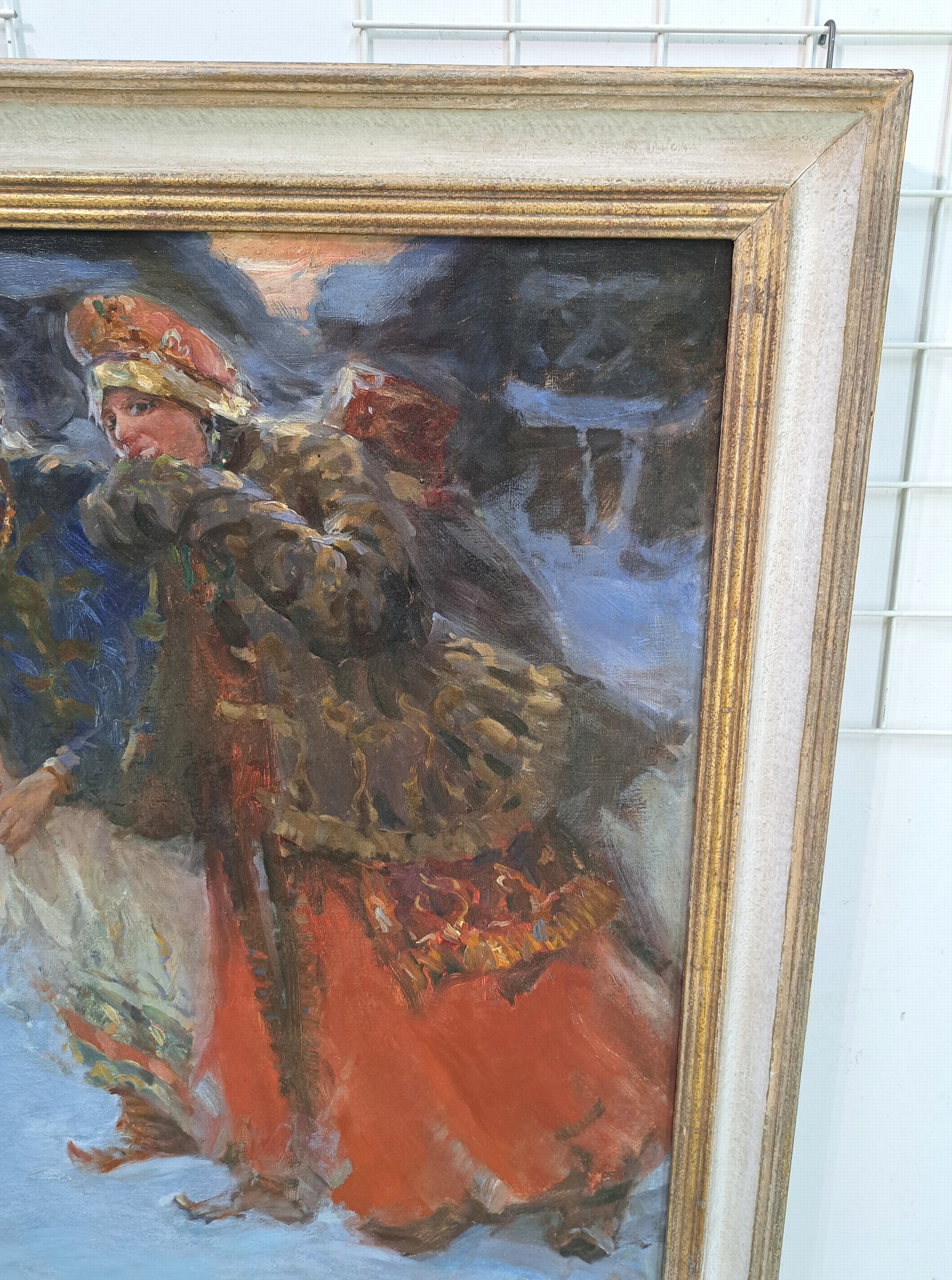 Detail g: Zuschreibung: Abram Efimovich Archipov, 1862-1930 Moskau, Paar ausgelassene Frauen in winterlicher Dorfkulisse, Betonung der farbenfrohen ...