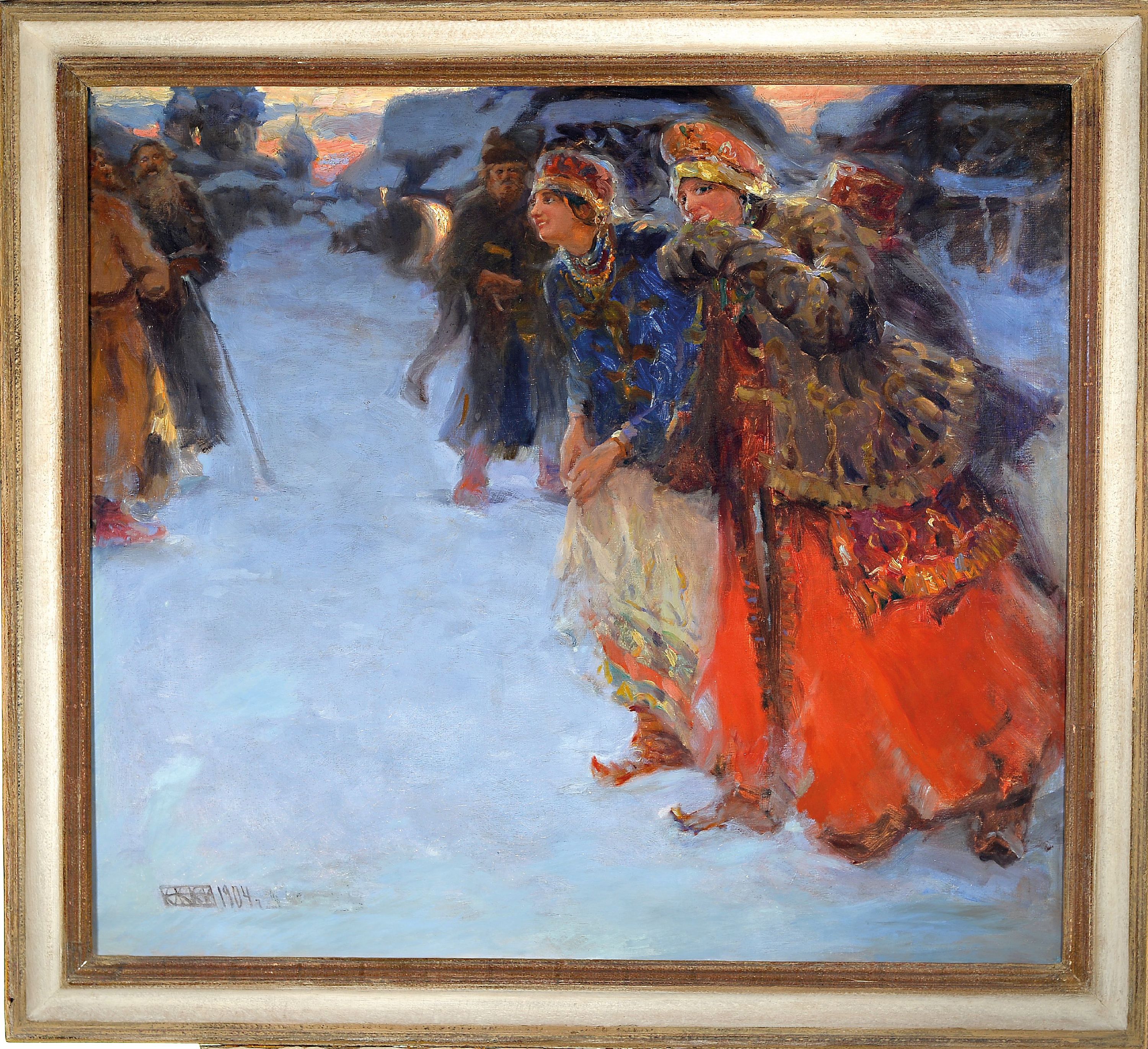 Detail k: Zuschreibung: Abram Efimovich Archipov, 1862-1930 Moskau, Paar ausgelassene Frauen in winterlicher Dorfkulisse, Betonung der farbenfrohen ...