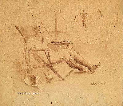 Image Georg Wilhelm Lagerstedt, 1892-1982, Swedish, ink drawing, of skiers dreaming man in ...