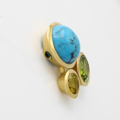 27110978a - Anhänger mit Farbsteinen, GG 750/000, 1 Türkiscabochon ca. 15.04 ct, 1 ovaler, fac. ...