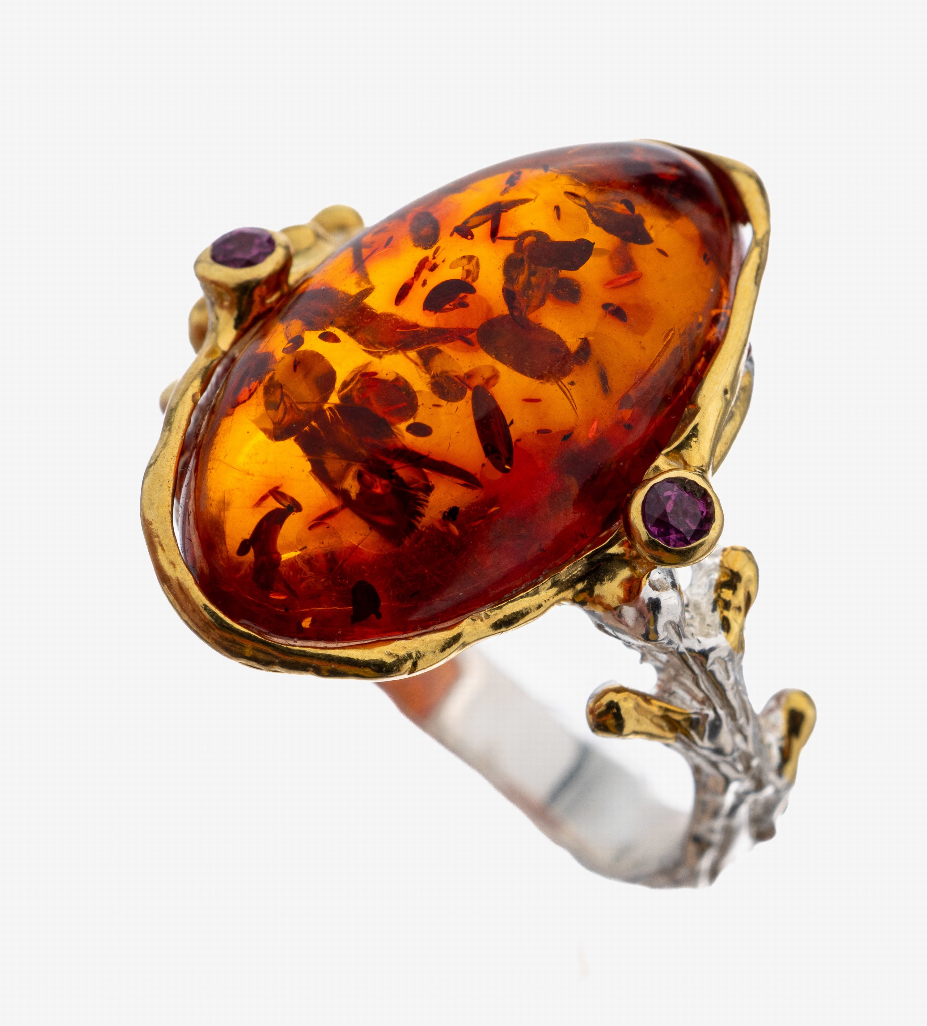 Image 27111039 - Bernstein-Amethyst-Ring, 925er Silber teilverg., ovaler baltischer Bernstein, 2 kl. ...