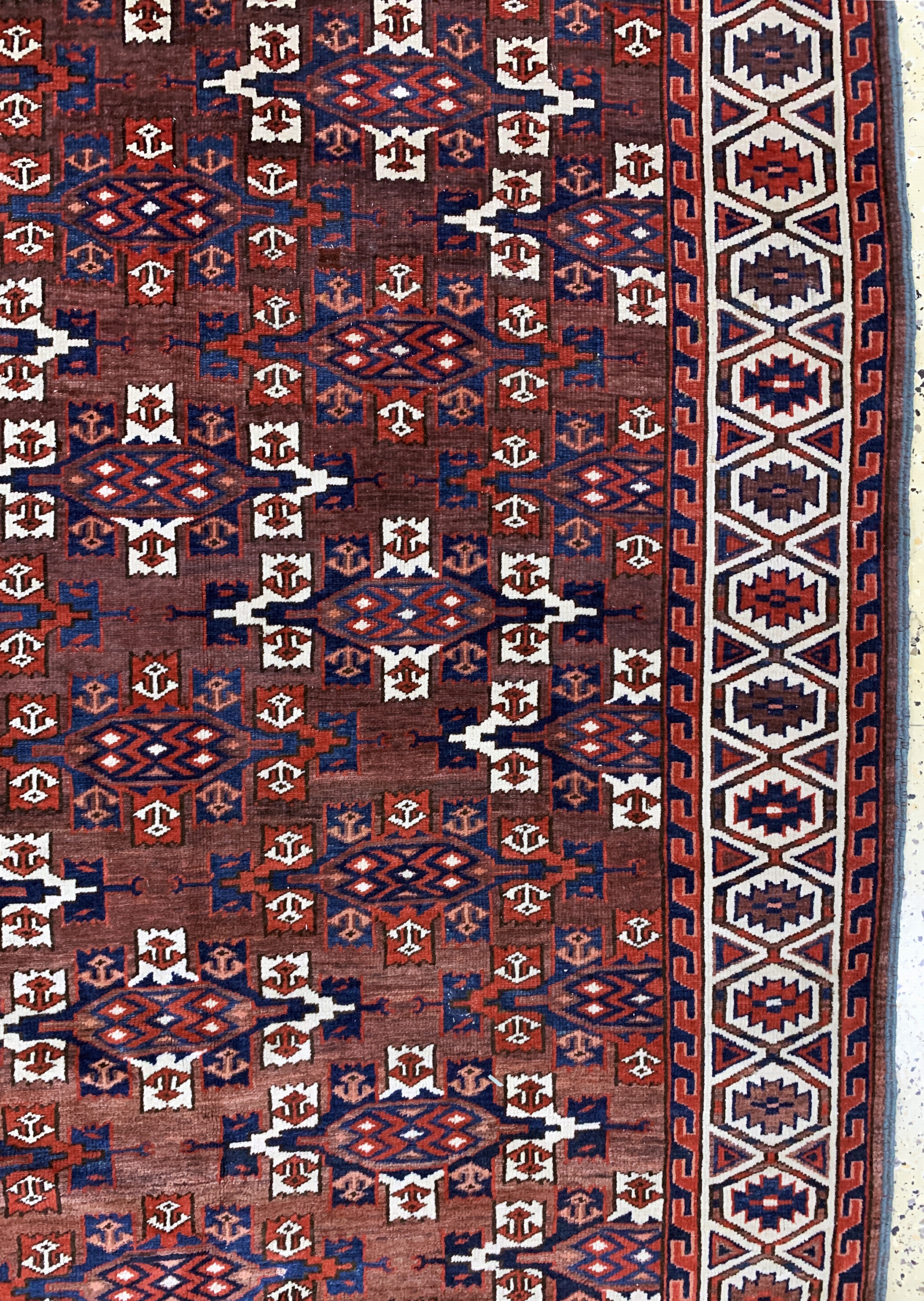 Detail d: Yomud"Hauptteppich"antik, Turkmenistan, 19.Jhd, Wolle auf Wolle, ca. 294 x 172 cm, EHZ: 2-3, restauriert