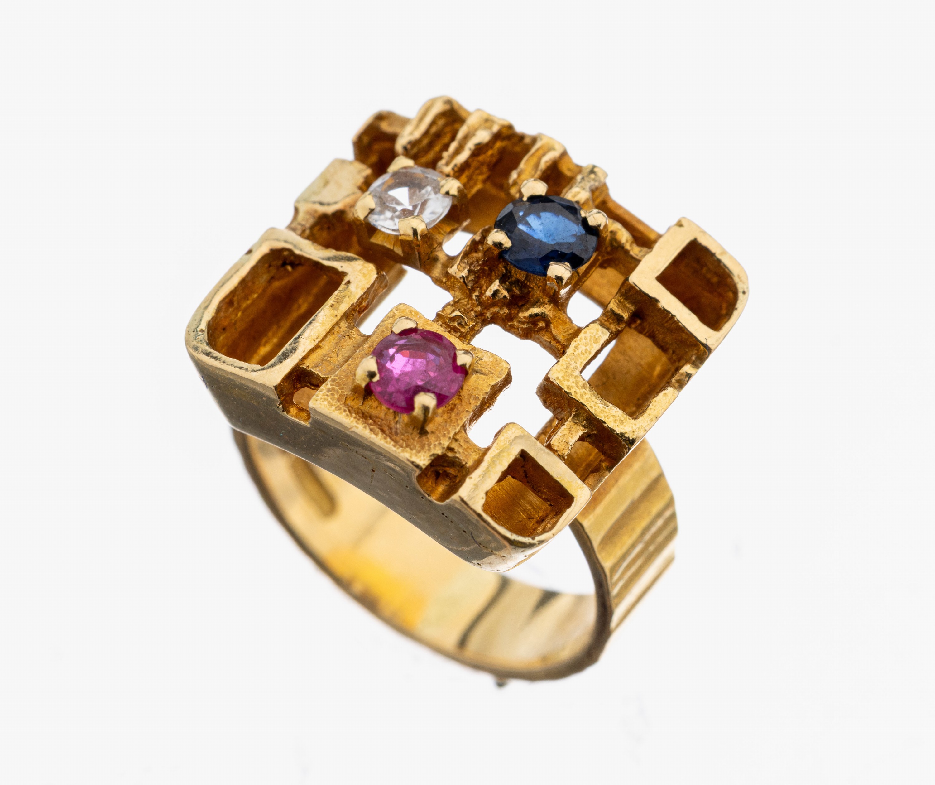 Image 27111520 - 18 kt Gold Farbstein-Ring, GG 750/000, abstrakt geometrisches Design, rundfacett. ...