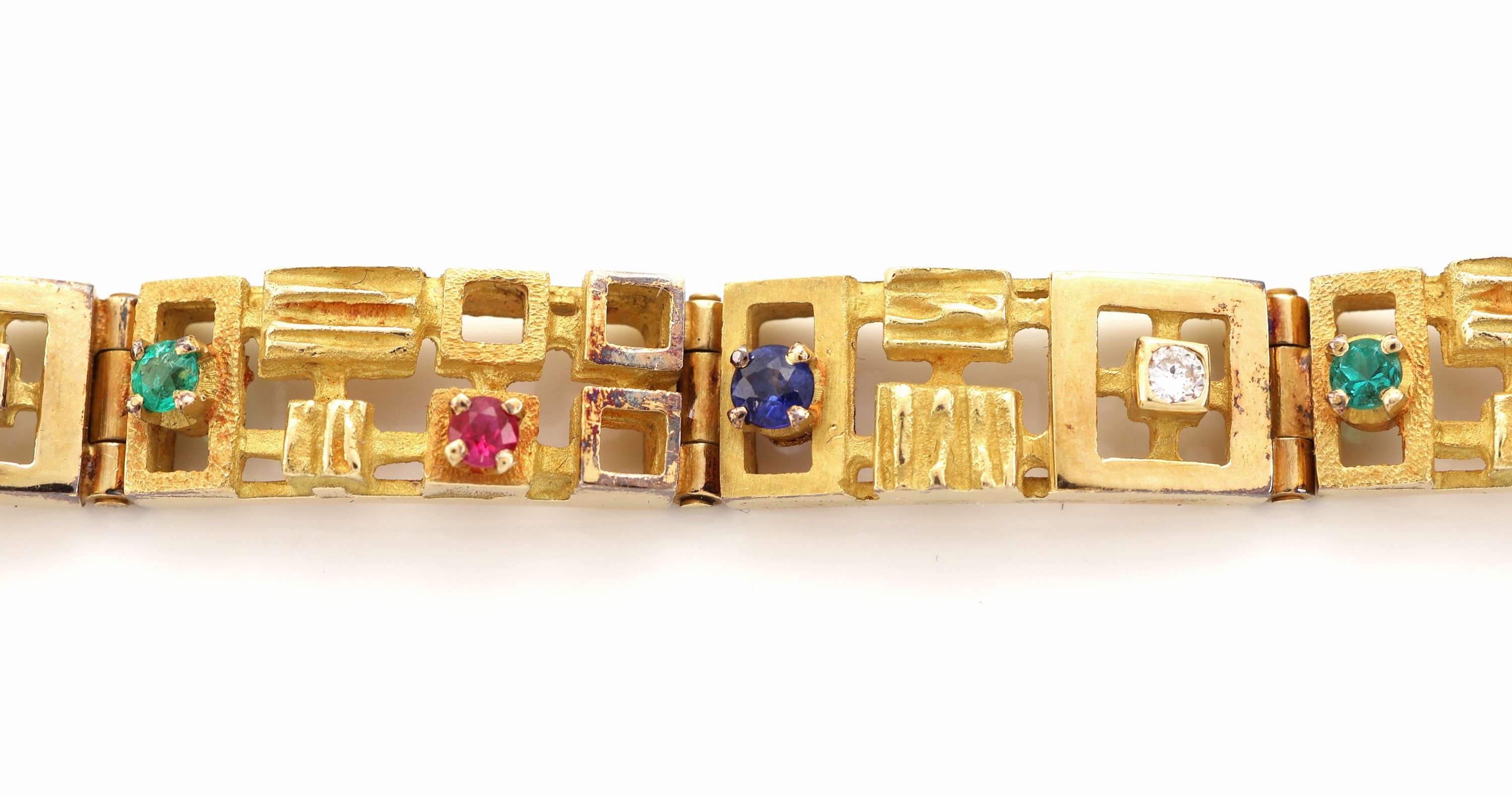 Detail a: 18 kt Gold Farbstein-Brillant-Armband, GG 750/000, abstrakt geometrisches Design, 4 rundfacett. Saphire, 3 rundfacett. Rubine und 3 rundfacett. ...