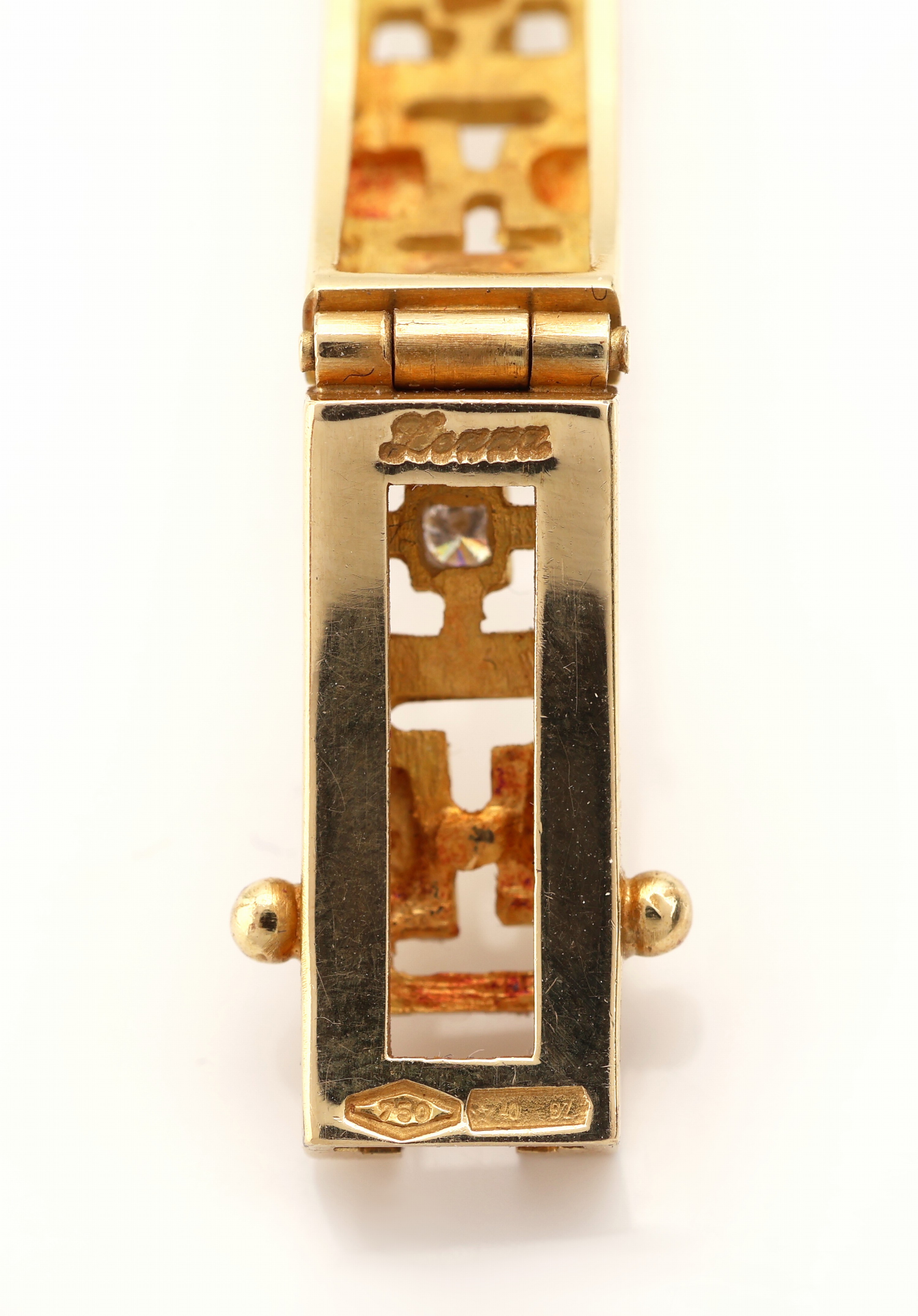 Detail c: 18 kt Gold Farbstein-Brillant-Armband, GG 750/000, abstrakt geometrisches Design, 4 rundfacett. Saphire, 3 rundfacett. Rubine und 3 rundfacett. ...
